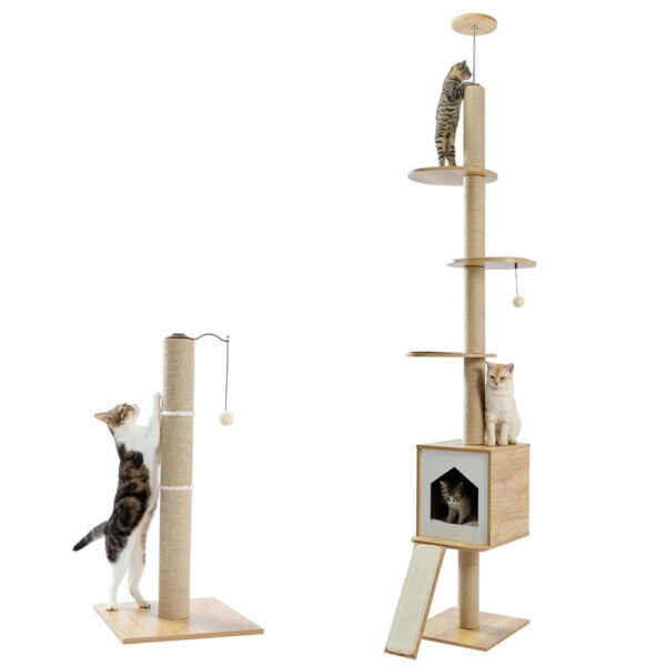 Four Tier Floor-to-Ceiling Cat Tree Scratching Post Toy- 94.5-102.4 in Modern Cat Climbing Tower with a Scratcher Beige