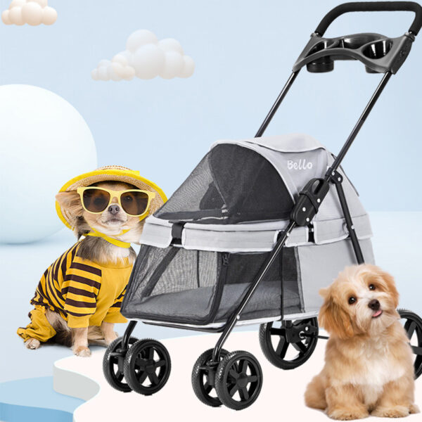Pet Stroller Lightweight Dog Cat Cart Four-wheel Shock Absorption Folding Dog Transport Cart Breathable Stroller Outdoor